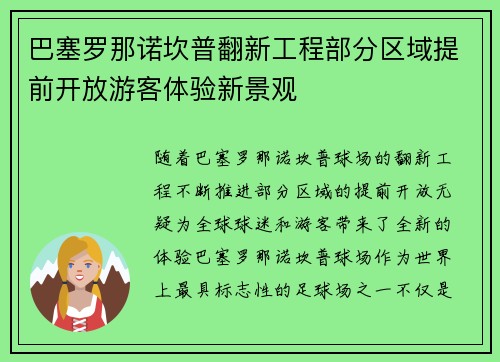巴塞罗那诺坎普翻新工程部分区域提前开放游客体验新景观 巴塞罗那诺坎普翻新工程部分区域提前开放游客体验新景观