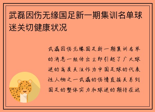 武磊因伤无缘国足新一期集训名单球迷关切健康状况
